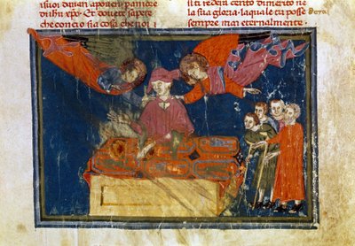 Grupa niedołężnych ludzi i władca czyniący dzieło miłosierdzia, udzielając im pomocy. Miniatura zaczerpnięta z "Dzieł Merciorda" (ms. II, VI autorstwa Unbekannter Künstler