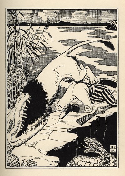 Lew, który chciał zaatakować barona de Munchausena, skończył z krokodylem. Ilustracja Williama Stranga (1859-1921) i JB Clarka z „Przygód barona z Munchausen (Munchhausen)” Rudolfa Ericha Raspe (1736-1794) (1789) autorstwa Unbekannt