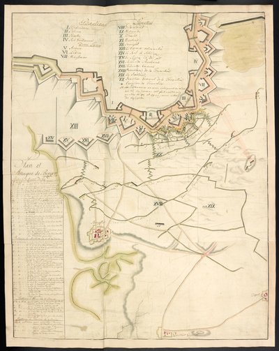 Podbarwiony plan oblężenia działa. Dziennik oblężenia Bergen op Zoom przez Francuzów z 1747 r.; poprzedzone relacją o stanie francuskiej artylerii w tym czasie. autorstwa Unbekannter Künstler