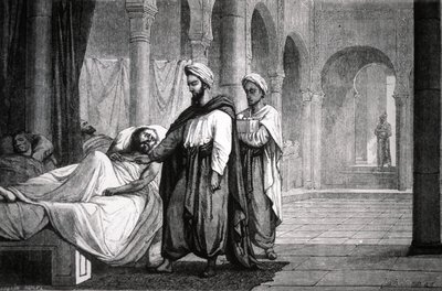 Abulcasis (936-1013), lekarz kalifa Al-Hakama II, w szpitalu w Kordobie (Hiszpania), rycina autorstwa Unbekannter Künstler