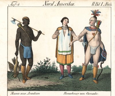 Akadyjski mężczyzna z tatuażami i para rdzennych kanadyjskich Indian. Litografia do książki: "Galerie complete en tableaux fideles des peuples d
