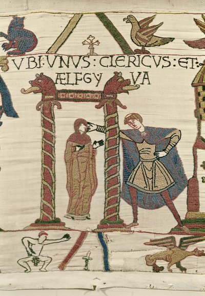 Aelfgyva z księdzem, Gobelin z Bayeux (haft wełniany na płótnie) autorstwa Unbekannt