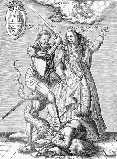 Alegoria śmierci Ligi Katolickiej przedstawiona jako mnich z ciałem węża zabitego przez króla Francji Henryka IV i Francji. Koniec XIX wieku (rycina z "Museum-Criminal" Henri Varennesa i Edgara Troimaux) autorstwa Unbekannter Künstler