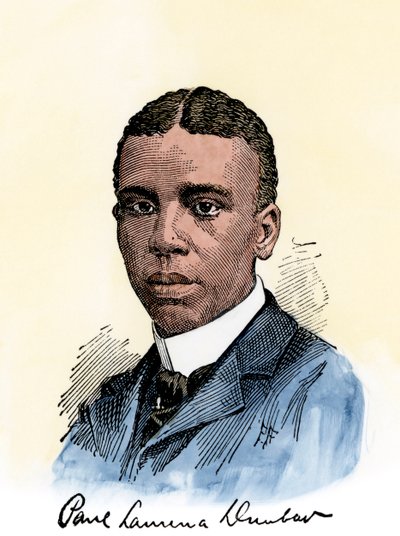 Amerykański poeta Paul Lawrence Dunbar (1872-1906) z autografem. Ręcznie kolorowany drzeworyt z XIX-wiecznej ilustracji autorstwa Unbekannter Künstler