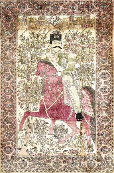 Antyczny jedwabny dywanik obrazkowy Kashan „mochtasham” przedstawiający postać Nasera al-Din Shaha na koniu autorstwa Unbekannt