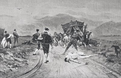 Atak na powóz, połowa XVII wieku, z „La Ilustracion Artistica”, wydanej w 1887 r. autorstwa Unknown