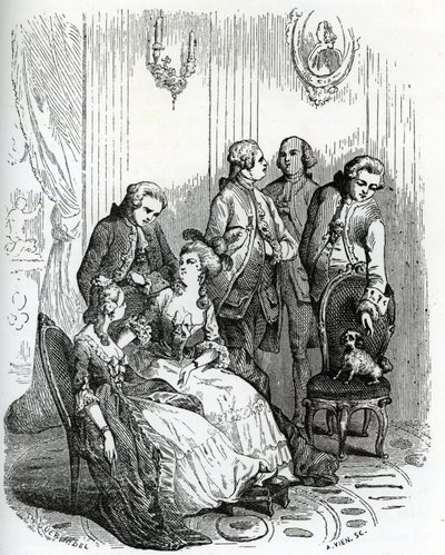 Wieczór w zamku Vaux-le-Vicomte za czasów króla Ludwika XV (1710-1774). XIX wiek (rycina z "Mysteres des vieux chateaux de France" autorstwa Le Francois) autorstwa Unbekannter Künstler