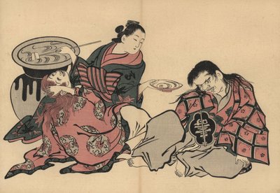 Kurtyzana oiran grająca w dwa shojo z sake z ogromnej wazy. Drzeworyt autorstwa Masanobu Okumury (1686-1764) z Fuzoku Emakimono, Picture Scroll of the Water Trade, Tokio, reprint około 1880 roku. autorstwa Unbekannter Künstler