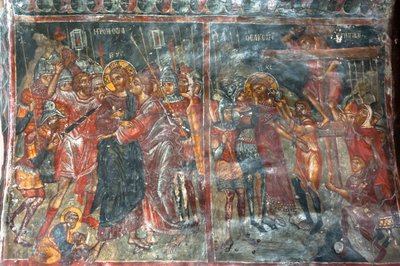 Starożytne freski; malowidła ścienne; pocałunek Judasza; Ukrzyżowanie Jezusa; Kościół Panagia i Sotiras; cerkiew greckokatolicka; Roustyka; Kreta; Grecja; Europa autorstwa Unbekannt