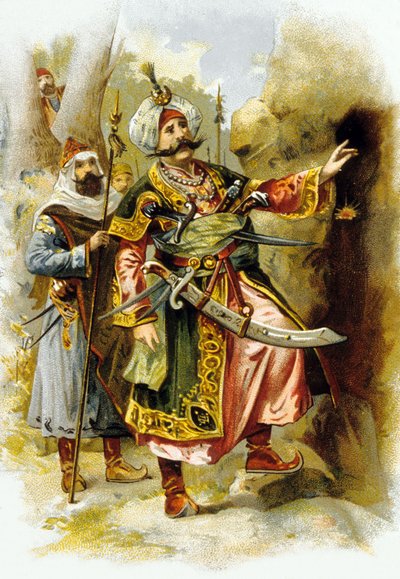 Arabian Nights: Ali Baba i czterdziestu złodziei: przywódca złodziei mówiący "Sezamie otwórz się", reklama "Le Bon Marche", ok. 1900 r. autorstwa Unbekannter Künstler
