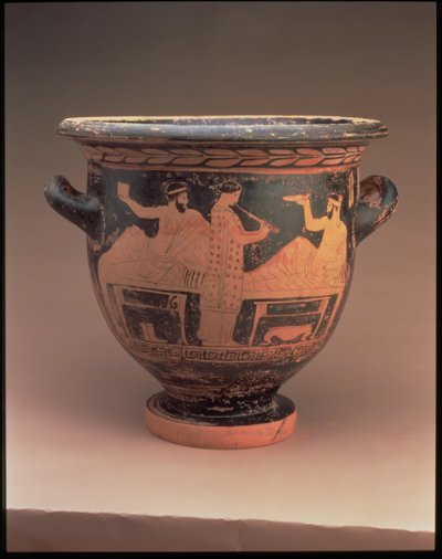 Czerwonofigurowy krater dzwonów na poddaszu ozdobiony sceną sympozjum dwóch leżących postaci i stojącego flecisty, Grek, ok. 440-430 p.n.e. (ceramika) autorstwa Unbekannt