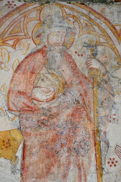 Avy, kościół Notre Dame. XIV-wieczny mural (Dziewica z Dzieciątkiem otoczona czcią przez peleryny w towarzystwie ich świętych patronów) autorstwa Unbekannter Künstler