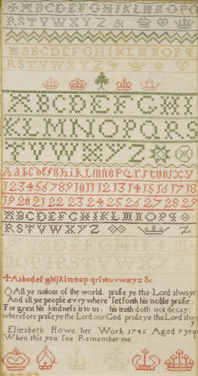 Sampler zespołu z alfabetem, cyframi i wersem, opracowany przez Elizabeth Howe autorstwa Unbekannt