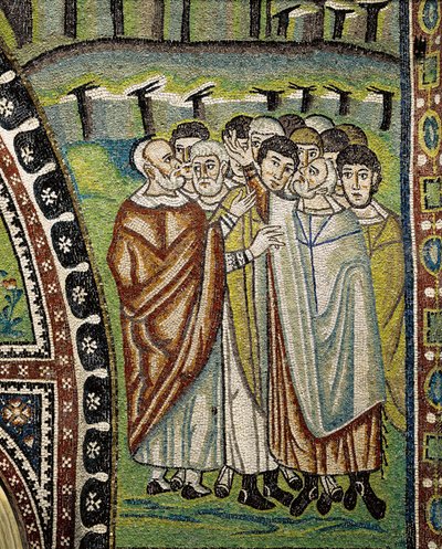 Bazylika San Vitale, Fragment mozaiki lunetowej nad wejściem do ambulatorium przedstawiającego przywódców Aarona dwunastu plemion Izraela, Rawenna, Emilia-Romania, Włochy autorstwa William M. Timlin