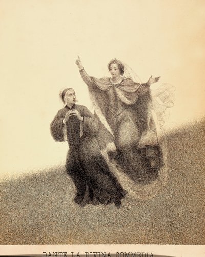 Beatrycze, wskazując palcem wskazującym w górę, prowadzi Dantego przez firmament Paradiso. Ich ciała są oświetlone promieniem światła. Ilustracja do Canto I Paradiso z Boskiej komedii Dantego Alighieri. Dzieło Franceso Scaramuzzy z dedykacją autorstwa Unbekannter Künstler