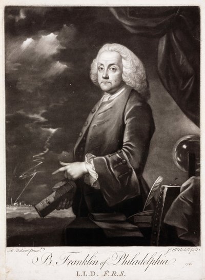 Benjamin Franklin, amerykański teoretyk elektryczności statycznej autorstwa Unbekannt