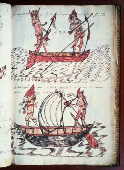 Łodzie Indian, strona z Codex Canadensis (1664-1675), rękopis na pergaminie Louis Nicolas, Francja autorstwa William M. Timlin