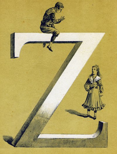Chłopiec siedzący na literę Z i mała dziewczynka stojąca pod nim. Ilustrowany alfabet. Obrazy ponownie zjednoczone w Jarville-Nancy na początku XX wieku. Wymiary: 40 x 29 cm. Litografia na bistrowym tle autorstwa Unbekannt