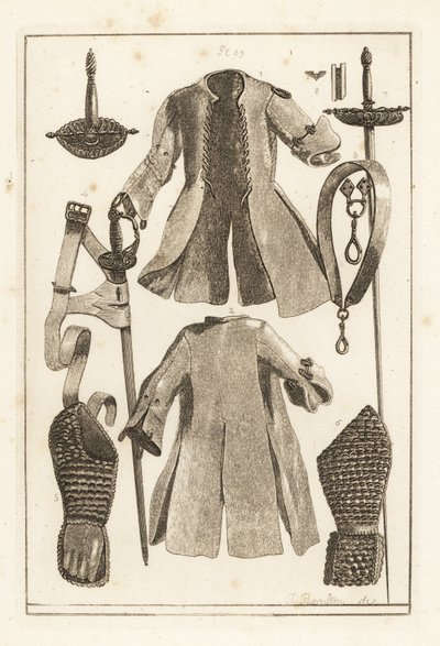 Buff coat 1,2, wzmocniony pas 3, złocona srebrna rękojeść miecza 4, wzmocnione naramienniki i rękawica 5,6, miecz toledo 7, ostrze i pochwa 8 oraz rękojeść 9 autorstwa Unbekannt