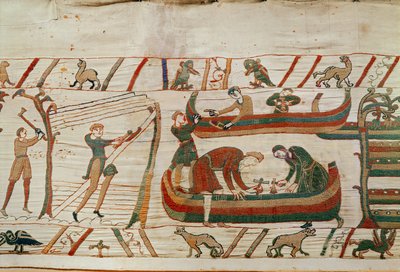 Budowa statków pod rozkazami księcia Williama, Bayeux Tapestry (haft wełniany na płótnie) autorstwa Unbekannt