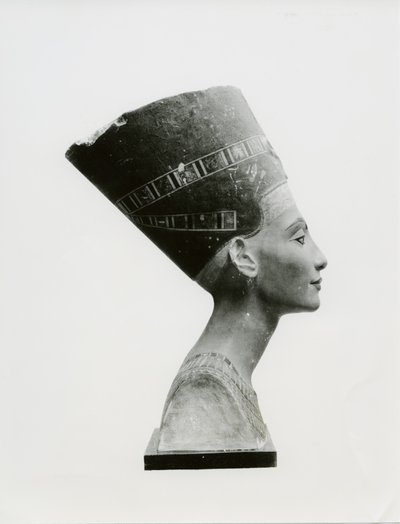 Popiersie królowej Nefretete, widok z boku, kopia popiersia w Muzeum Aegyptisches, SMPK, Berlin (malowany wapień) (zdjęcie czarno-białe) (zob. też 114018-20) autorstwa Unbekannt