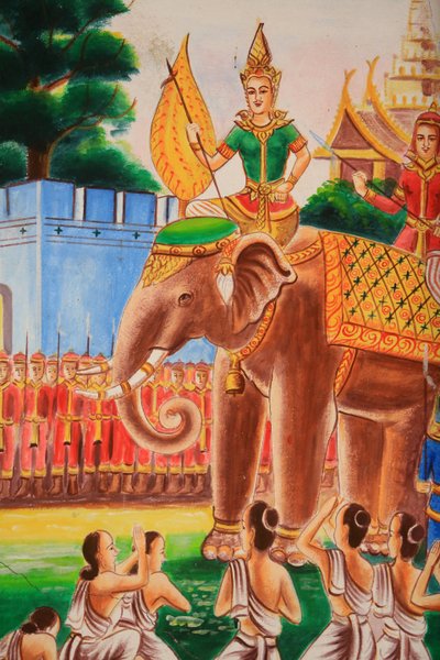 Grafika na suficie przedstawiająca życie Buddy. Świątynia Wat Si Sou Mang Karam. Vieng Vang. Laos, 20151102, Vieng Vang, Laos autorstwa Unbekannt
