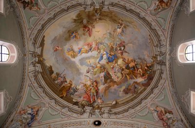 Malowidło na suficie, zdjęcie wnętrza, katolicki kościół parafialny św. Jerzego, Neustift, dolina Stubai, Tyrol, Austria, Europa (zdjęcie) autorstwa Unbekannter Künstler
