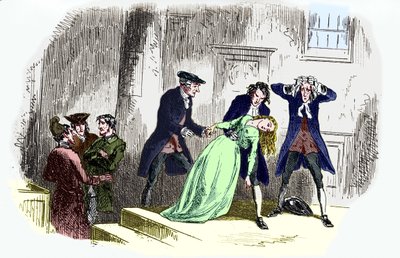 „Opowieść o dwóch miastach” Karola Dickensa: Podpis brzmi: Po zdaniu. - Lucie Manette mdleje. CD: angielski powieściopisarz, 7 lutego 1812 9 czerwca 1870. Ilustracja: George Cruikshank: angielski karykaturzysta i ilustrator książek autorstwa Unbekannt