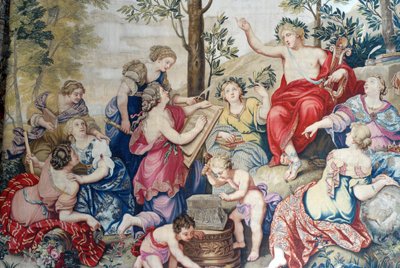 Chateau de Fontainebleau: detal, draperia utkana dla Ludwika XIV w fabryce Gobelins z 1687 roku na podstawie wielkich obrazów Pierre