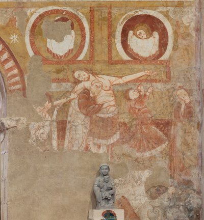 Kościół (Église Saint-Martin). Wnętrze. Malowidła ścienne (fresk). Zachodnia ściana nawy. Szczegół. Zejście z krzyża. XII wiek. autorstwa Unbekannt
