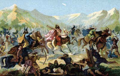 Clovis I (466-511), król Franków, podczas bitwy pod Tolbiac w 496 r. przeciwko germańskiemu plemieniu Alamanów, ślubował nawrócić się w przypadku zwycięstwa. Koniec XIX wieku (chromolitografia) autorstwa Unbekannter Künstler
