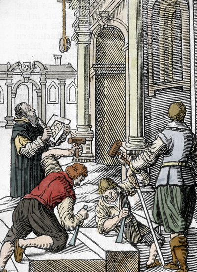 Budowa katedry, kamieniarze w XIII XIV wieku (rycina) autorstwa Unbekannter Künstler