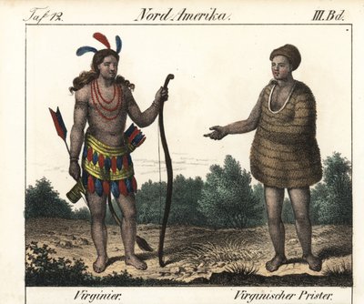 Strój Indian Powhatan z Wirginii (USA): wojownik i kapłan Secota. Litografia do książki: "Galerie complete en tableaux fideles des peuples d