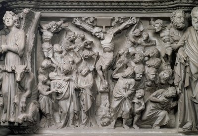 Scena Ukrzyżowania: detal płaskorzeźby ze szczytu sześciokątnej ambony zaprojektowanej przez Giovanniego Pisano (1245-1329), ok. 1297 (marmur) (detal z 77020) autorstwa Unbekannter Künstler