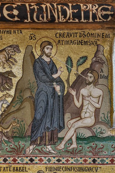 Cykl mozaik na Starym Testamencie, cykl Stworzenia: "Stworzenie Adama", XII wiek, Kaplica Palatyńska, Pałac Królewski lub Palazzo dei Normanni (Pałac Normanów), Palermo, Sycylia, Włochy (zdjęcie) autorstwa Unbekannter Künstler