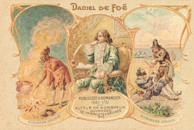 Daniel Defoe przy biurku i jego słynne dzieło (druk) autorstwa Unbekannter Künstler