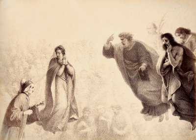 Dante i Beatrice przed jasnymi duchami apostołów Piotra, Jakuba i Jana. Piotr ma uniesioną rękę na znak gniewu. Ilustracja do Canto XXVII w Paradiso z Boskiej komedii Dantego Alighieri. Dzieło Francesco Scaramuzzy dedykowane autorstwa Unbekannter Künstler