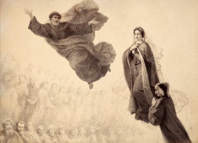 Dante i Beatrycze spotykają świętego Piotra. Ilustracja do Canto XXIV w Paradiso z Boskiej komedii Dantego Alighieri. Dzieło Francesco Scaramuzzy dedykowane władzom miejskim Florencji. autorstwa Unbekannter Künstler