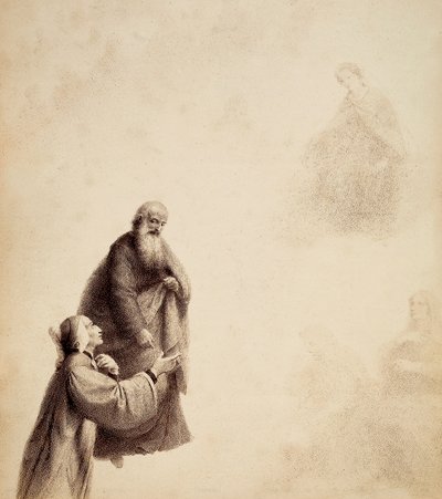 Dante, w asyście św. Bernarda, widzi Beatrycze siedzącą na tronie pośród błogosławionych, w aureoli światła. Ilustracja do Canto XXXI w Paradiso z Boskiej komedii Dantego Alighieri. Dzieło Francesco Scaramuzzy dedykowane władzom miejskim Florencji. autorstwa Unbekannter Künstler