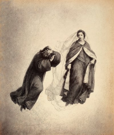 Dante zakrywa twarz dłońmi, przytłoczony spojrzeniem Beatrycze, tak pełnym boskiej miłości. Ilustracja do Canto IV Paradiso z Boskiej komedii Dantego Alighieri. Dzieło Franceso Scaramuzzy dedykowane władzom miejskim Florencji. autorstwa Unbekannter Künstler