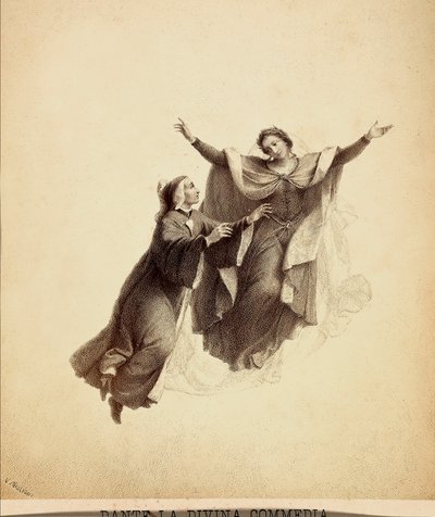 Dante z otwartymi ramionami, prowadzony w locie przez Beatrycze przez firmament Raju. Ilustracja do Canto I Paradiso z Boskiej komedii Dantego Alighieri. Dzieło Franceso Scaramuzzy dedykowane władzom miejskim Florencji. autorstwa Unbekannter Künstler