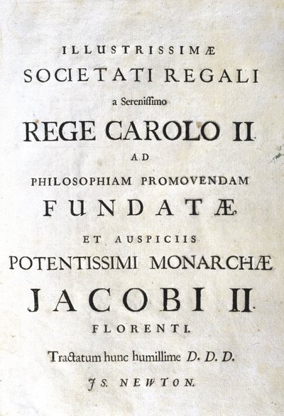 Strona dedykacyjna „Principia Mathematica” Newtona autorstwa Unbekannt