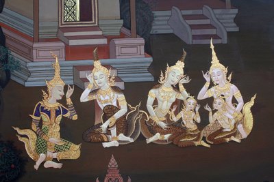 Fragment malowidła ściennego w Uposatha (sala świątynna) świątyni Buddhapadipa, Wimbledon, Wielka Brytania autorstwa Unbekannt