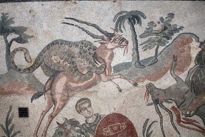 Szczegóły wielkiej mozaiki polowania. Lampart atakujący gazelę. III - IV wiek. Rzymska willa Casale, Sycylia. UNESCO. autorstwa William M. Timlin