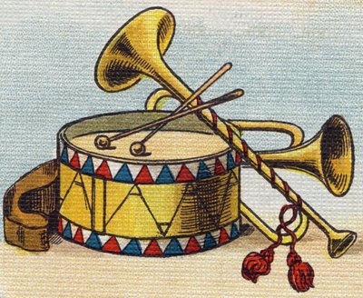 Bęben i trąbka. Grawerowanie w "Alfabet de ma petite fille". Bernardin-Bechet i Fils, księgarz-wydawnictwo, Paryż, ok. 1895. Niezniszczalny album na płótnie. Bibliotheque des Bebes. 12 stron. Album zawierający sposób czytania i ilustracyjną abecedę autorstwa Unbekannt