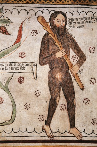Ego sonto un homo salvadego per natura, chi me ofende ge fo pagura (jestem dzikim człowiekiem z natury, tych co mnie obrażają będę się bał), fresk, muzeum Homo Salvadego, Sacco, Cosio Valtellino, Lombardia, Włochy autorstwa Benjamin Baud