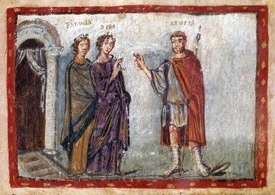Odcinek Eneidy Wergiliusza (70-19 p.n.e.): przedstawienie Eneasza i Dydony. Dydona próbuje powstrzymać Eneasza. Zrozpaczona Dydona popełnia samobójstwo. Miniatura pochodzi z "Codex Vaticanus Latinus 3225 lub Vergilius Vaticanus" folio 36. V wiek. Bibliote autorstwa Unbekannter Künstler