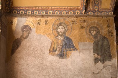 Europa-Azja, Turcja, Stambuł, Muzeum Aya Sofya (537 AD, dawniej meczet i kościół), mozaika przedstawiająca Chrystusa, Marię i Jana Chrzciciela autorstwa Unbekannt