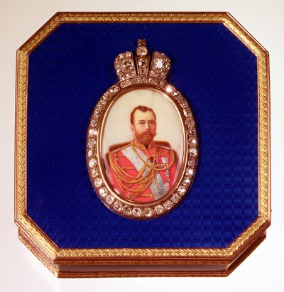 Niebieska emaliowana skrzynka Faberge z portretem cara Mikołaja II autorstwa Unbekannt