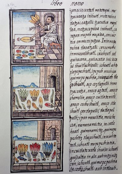 Obróbka piór po podboju hiszpańskim, strona z Kodeksu florenckiego, dwujęzyczna wersja w języku hiszpańskim i nahuatl, Ogólna historia rzeczy w Nowej Hiszpanii, autorstwa hiszpańskiego misjonarza Fray Bernardino de Sahagun. Cywilizacja Azteków autorstwa William M. Timlin